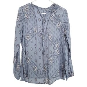 Floral and Paisley‎ Baby Blue Tie Neck Long Sleeve Lightweight Flowy Casual SZ:L